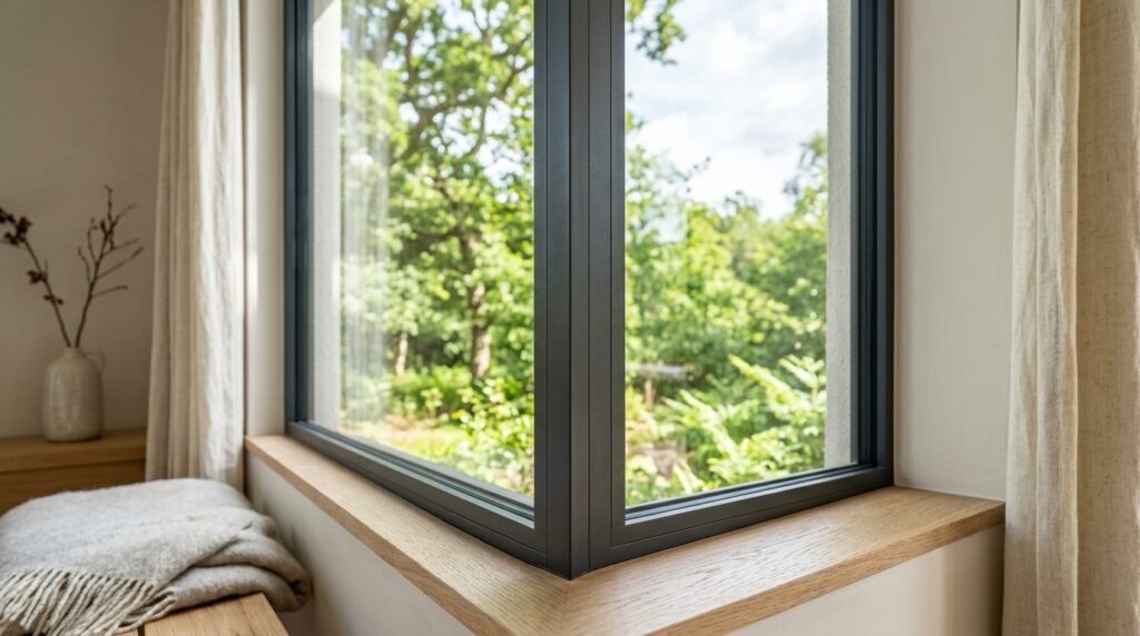 Close-up detail of premium fixed window frame with clean lin