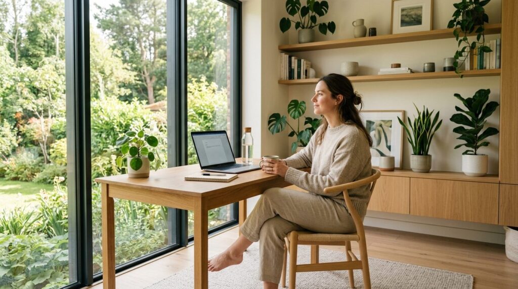 Woman in peaceful home office space sitting by large fixed w