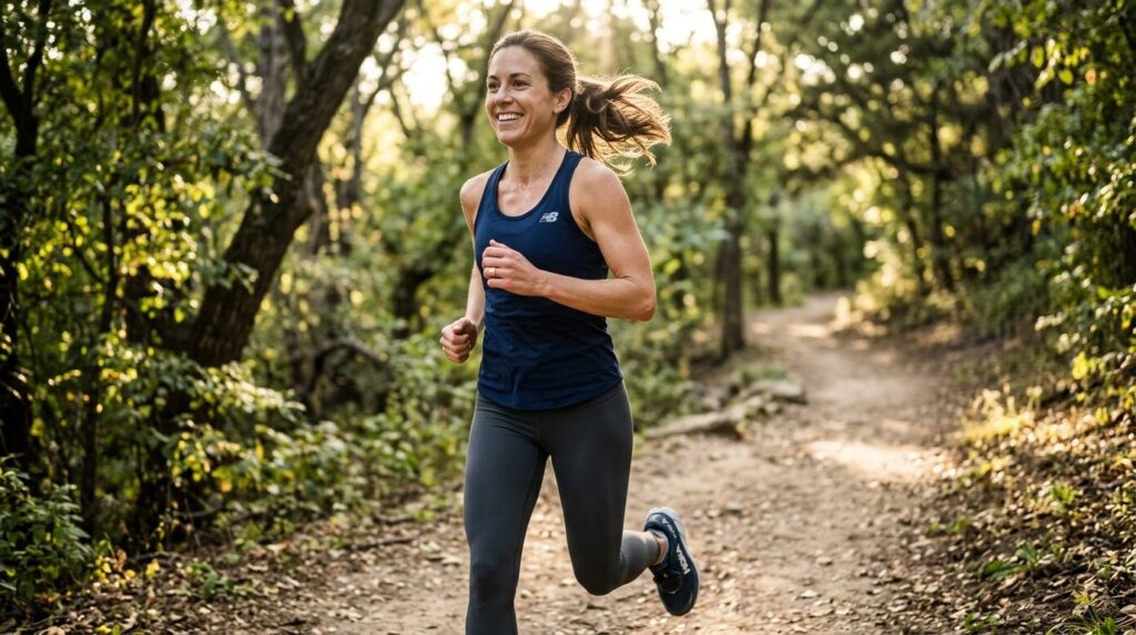 Active woman jogging outdoors wearing a comfortable everyday