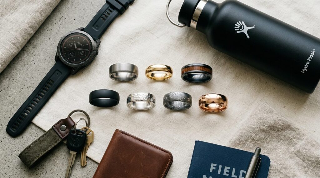 Flat lay of multiple ring options in different materials lik